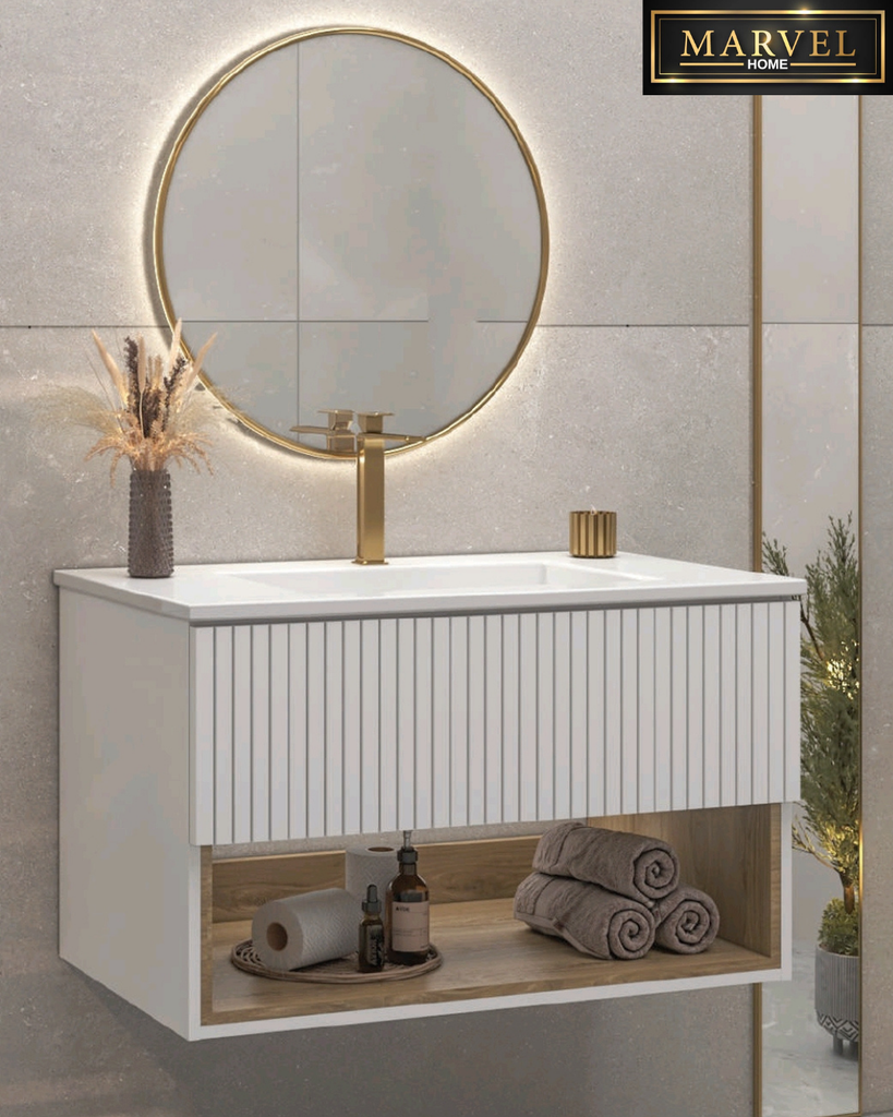 خزانة مغسلة بجرار محزز طولي ورف بلوط – VAN-020